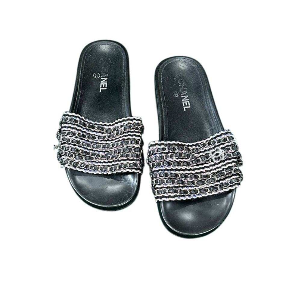 Chanel 2017 Interlocking CC Tweed Slides Chain Logo Sandals 41 - Picture 4 of 6